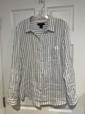 Classic Summer White and Light Blue Linen Nautical Stripe With Pearl Buttons